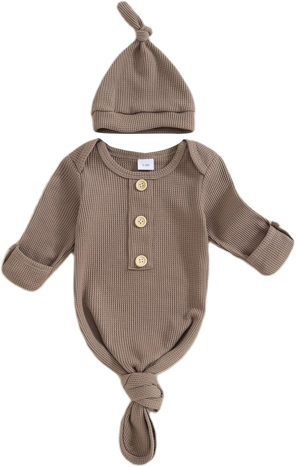 BULINGNA Newborn Baby Boys Girls Knotted Gown with Hat Set, Unisex Infant Nightgown with Mittens Sleepwear One Piece Pajamas