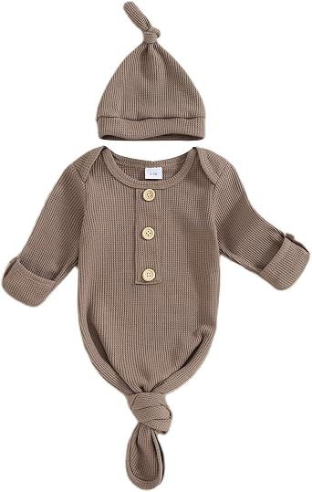 BULINGNA Newborn Baby Boys Girls Knotted Gown with Hat Set, Unisex Infant Nightgown with Mittens Sleepwear One Piece Pajamas