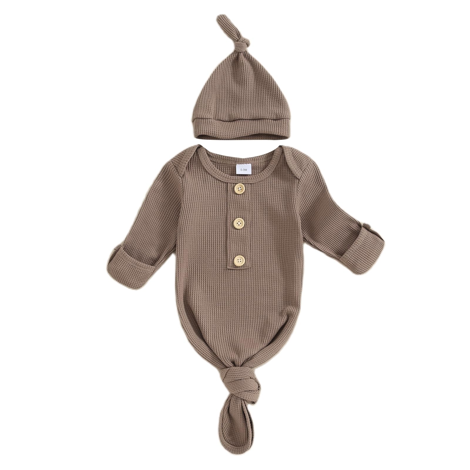 BULINGNA Newborn Baby Boys Girls Knotted Gown with Hat Set, Unisex Infant Nightgown with Mittens Sleepwear One Piece Pajamas (Coffee, 0-3 Months)