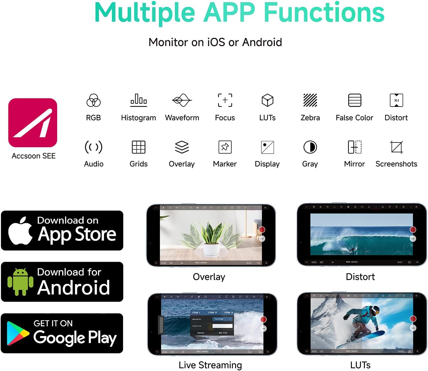 Screenshot of Accsoon SEE App interface showing various monitoring tools and mobile device compatibility.