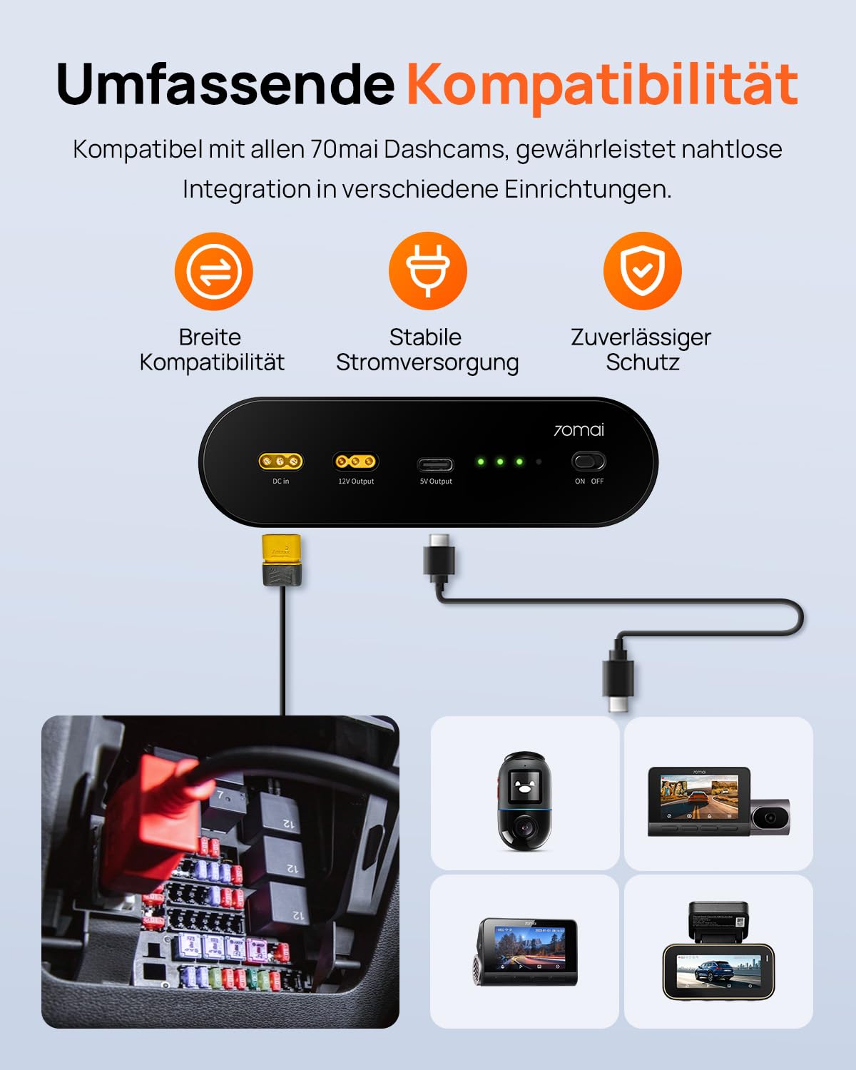 70mai Dashcam Akku Pack BL96NNX, 96Wh LiFePO4-Ersatzstromversorgung mit bis zu 30 Stunden Parkmodus, Ausgestattet mit Unterspannungsschutz, XT30+USB-C Ausgang, 7 Schutz BMS(Sicherungskasten Ladung)