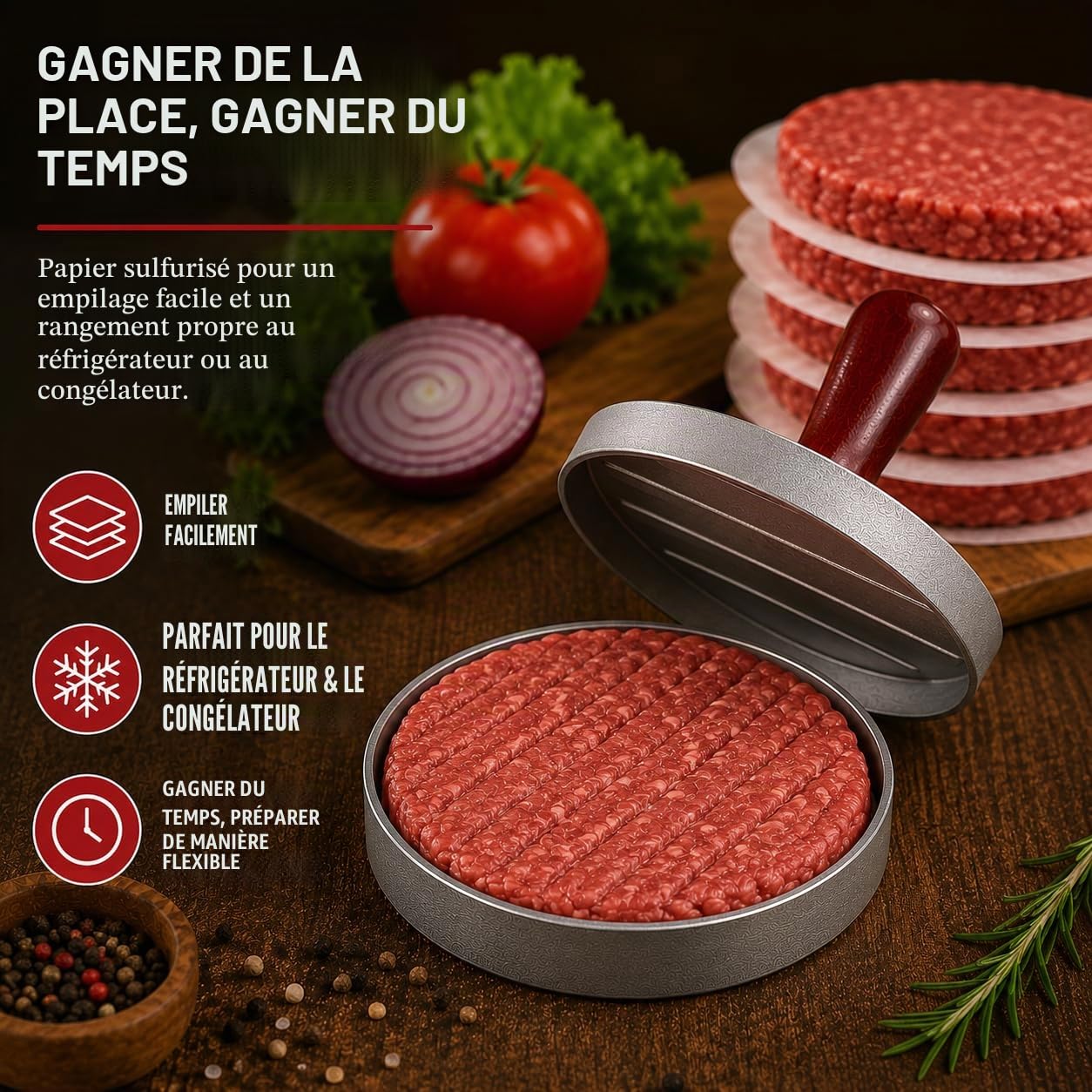 Kyto Presse à Burger Presse à Galette Moule à Hamburger avec 50 Feuilles de Papier sulfurisé Aluminium Patty Maker Accessoires BBQ Grill