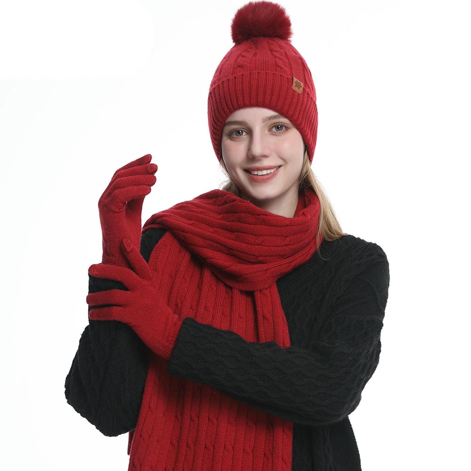 Set Cappello Sciarpa Guanti Invernali di per Lavorato A Maglia in Lana con Paraorecchie Caldo Invernale da Donna-Completo Tre Pezzi Nero