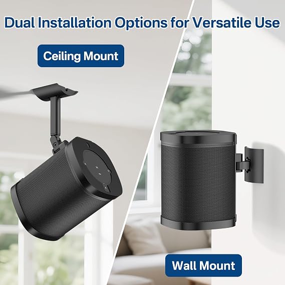 notiela Pair of Angle Adjustable Speaker Wall Mount for Sonos One, One SL, Play 1 Ceiling Mount for Sonos One SL Wall Bracket Black, Support Wall & Ceiling Optional Mounting Ways