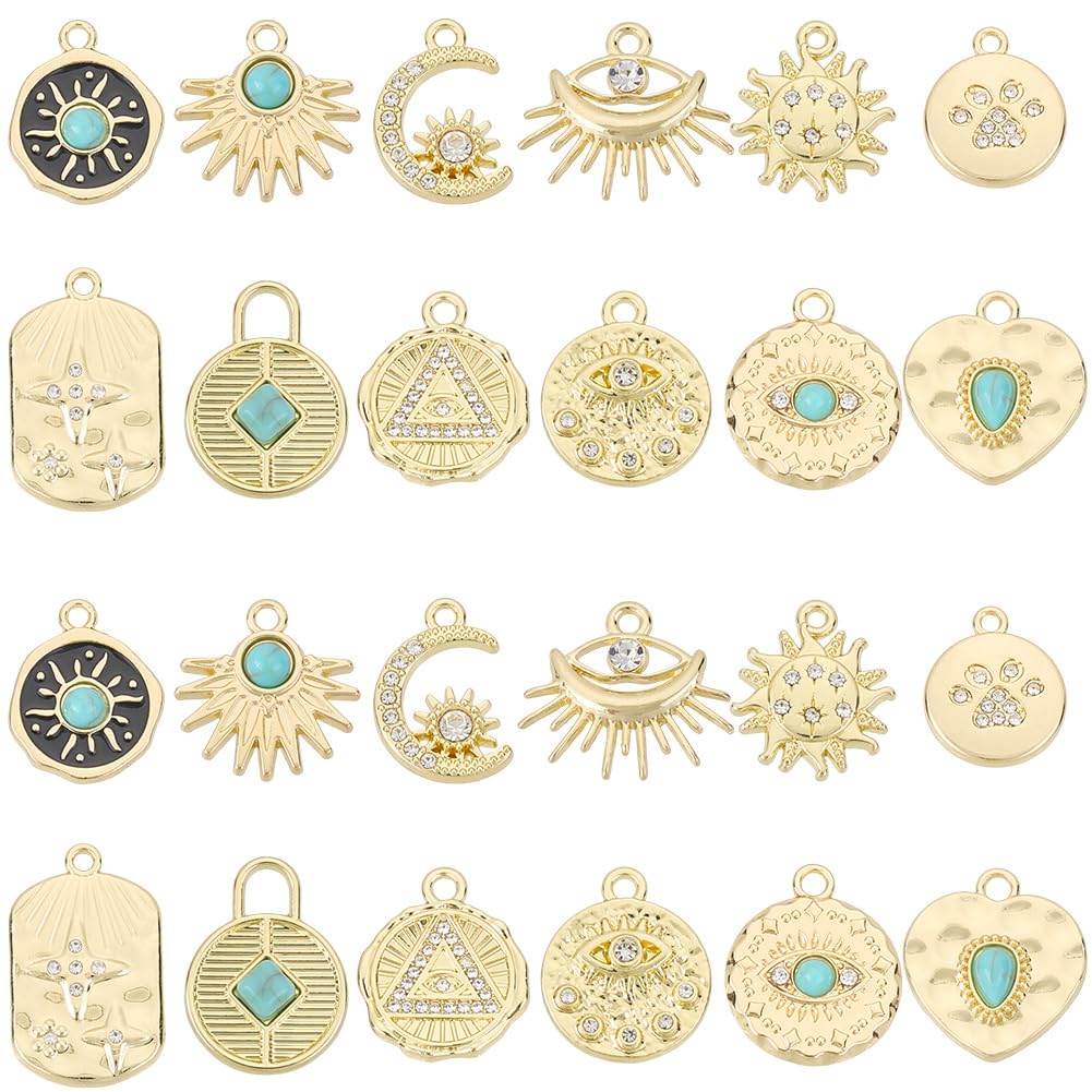 Pendentifs œil soleil lune en strass dorés et turquoise pour bijoux raffinés