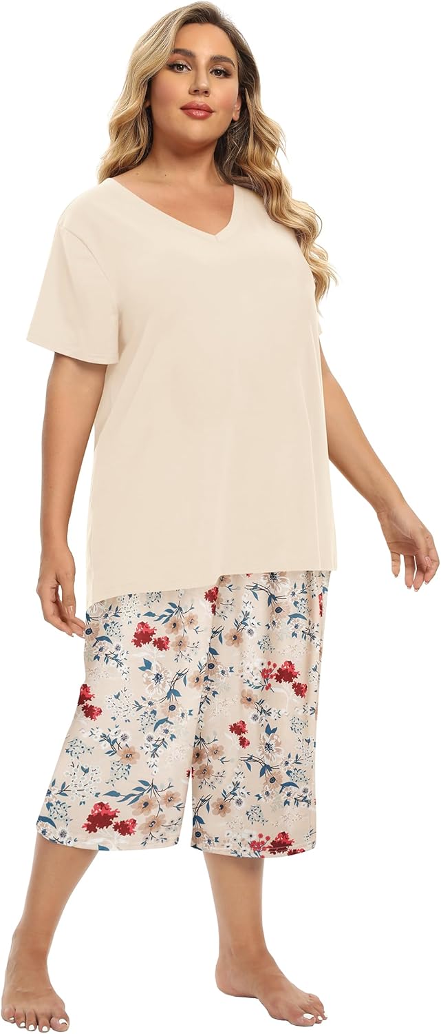 Vozanet Women's Pajamas Set Soft V Neck Sleepwear Top and Capri Pj Lounge Sets Cartoon Heart Shape Cat Nighty Plus Size - Image 2