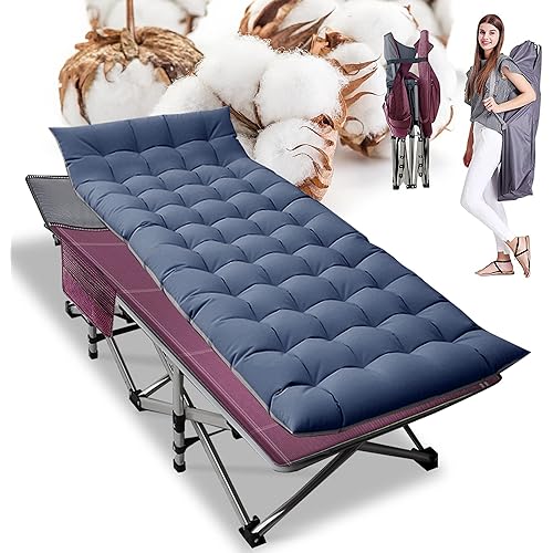 ABORON Folding Camping Cot W/Mat for Adults, Heavy Duty Outdoor Bed with Carry Bag,1200 D Layer Oxford Travel Camp Cots (1, Red Stripe with Blue Pad)