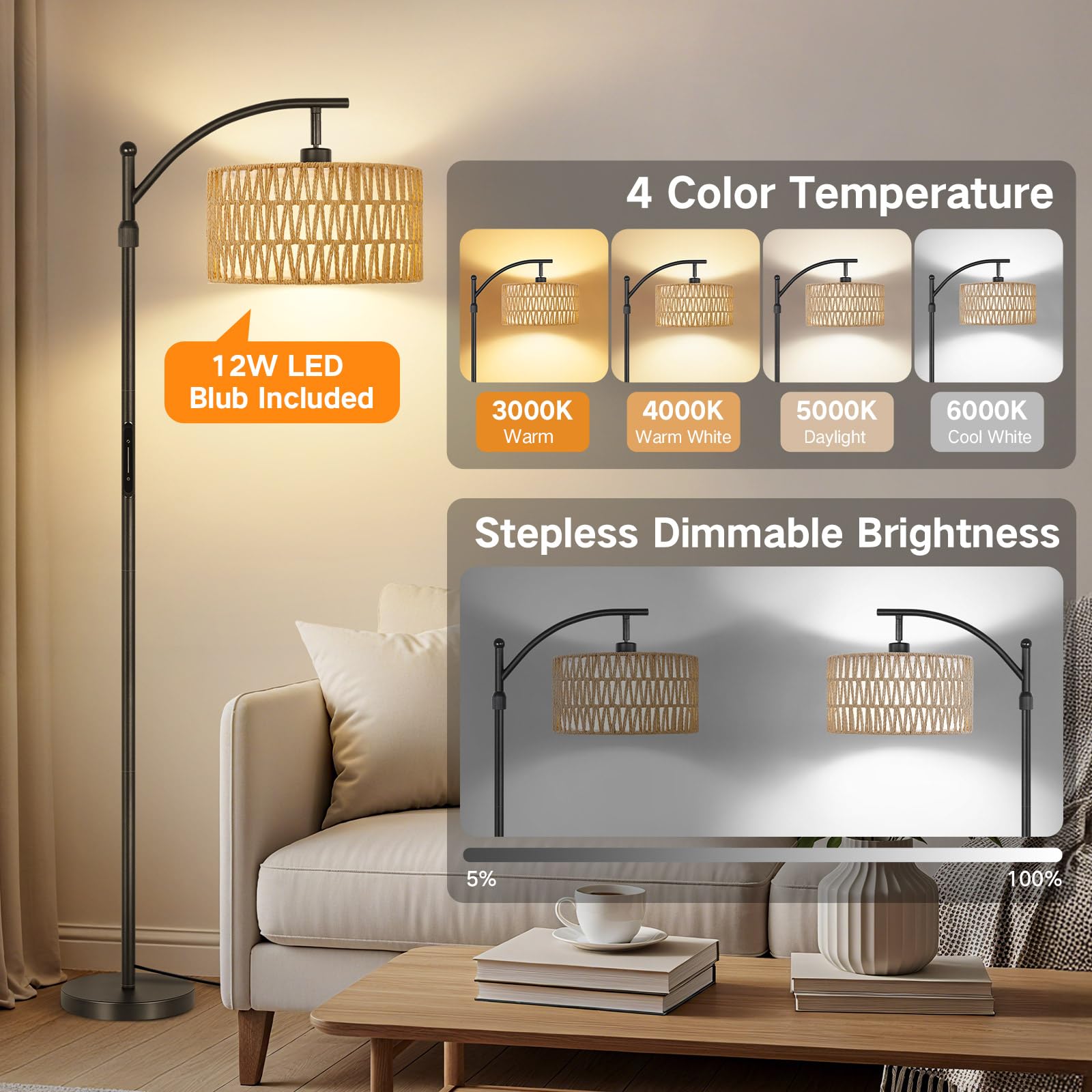 OUTON Rattan Stehlampe Wohnzimmer, Dimmbar Boho Bogenlampe mit App & Fernbedienung & Touch-Steuerung, 4 Farbtemperaturen, 2 Lampenschirm, 12W LED Vintage Stehleuchte für Schlafzimmer, Büro, Schwarz