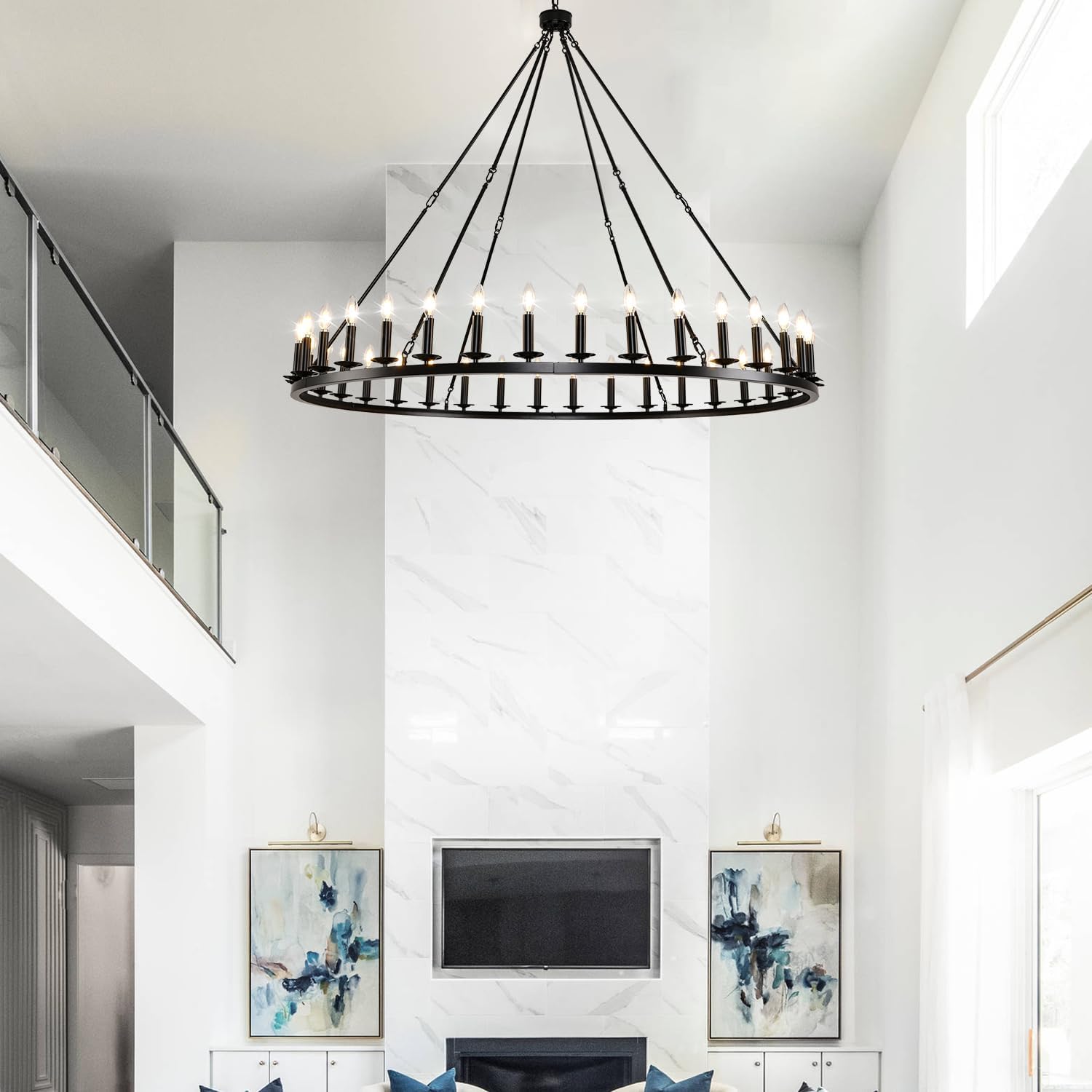 Black Wagon Wheel Chandelier 60-Inch 36-Light,Extra Large Circle Rustic Farmhouse Light Fixture,Round Metal Chandeliers for Foyer Entryway Dining Room Living Room High Ceilings (E12 Base)