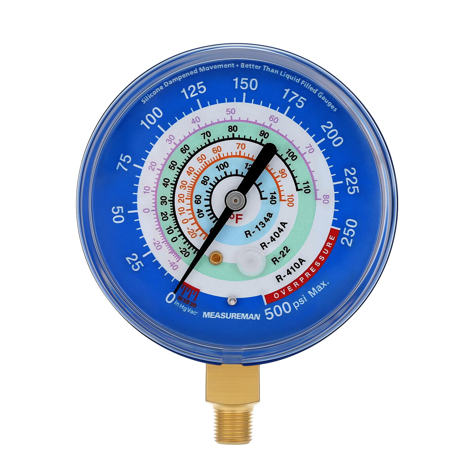 MEASUREMAN Refrigeration Pressure Gauge, 3-1/8” Blue Dial, 30inHg-250psi, 250-500psi Retarded Range, Adjustable Pointer, 1/8” NPT Lower Mount,