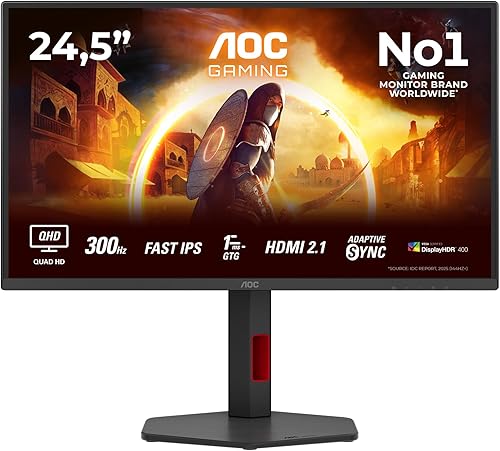 AOC Gaming Moniteur Q25G4SR 24.5 Pouce 300Hz Fast IPS Dalle, 0.3ms MPRT, HDR400, G-Sync Compatible, Ajustable en Hauteur, Haut-parleurs, (2560x1440 HDMI 2X 2.1 DP 1x 1.4) Noir - 2