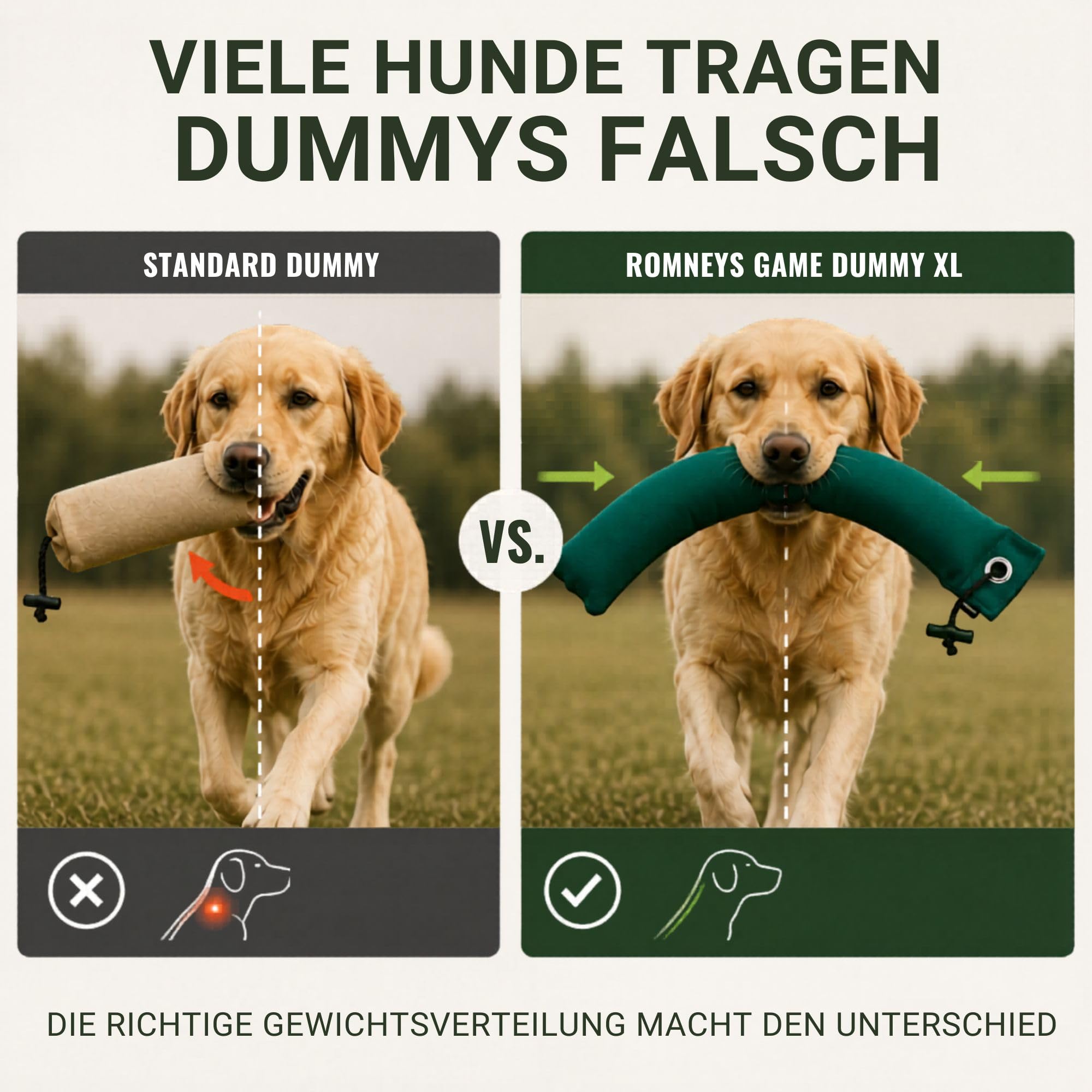 Romneys Game Dummy XL 850 g – School Dummy für Hunde, Apportierdummy aus Canvas, 45 cm Trainingsdummy für mittiges Greifen, Balance & korrektes Apportieren, Dummytraining, Grün