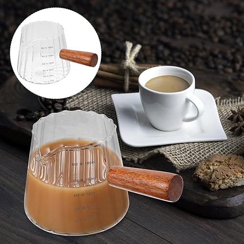 Miniatura 4 de Taza medidora de vaso de chupito de café expreso, jarra triple de 6 onzas, taza de leche con mango de madera, lado de vidrio, para tetera de té,