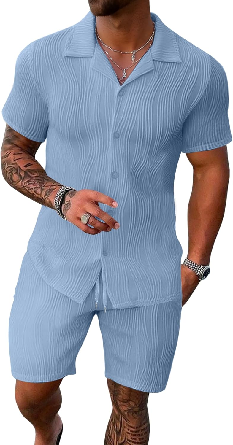 UOUA Summer Outfits for Men 2 Piece Short Sleeve Button Down Shirt & Shorts Set Casual Vacation Beach Tracksuit