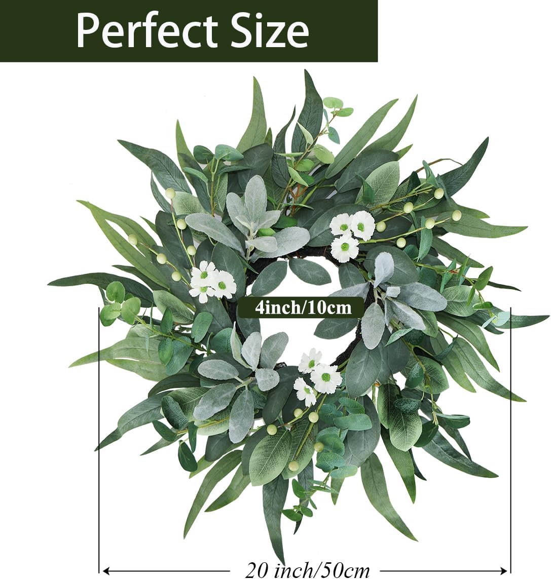 20" Green Eucalyptus Wreaths for Front Door with Lambs Ear White Flowers – Lifelike Spring, Summer, and Winter Wreath for Farmhouse Porch, Window, Door Decor