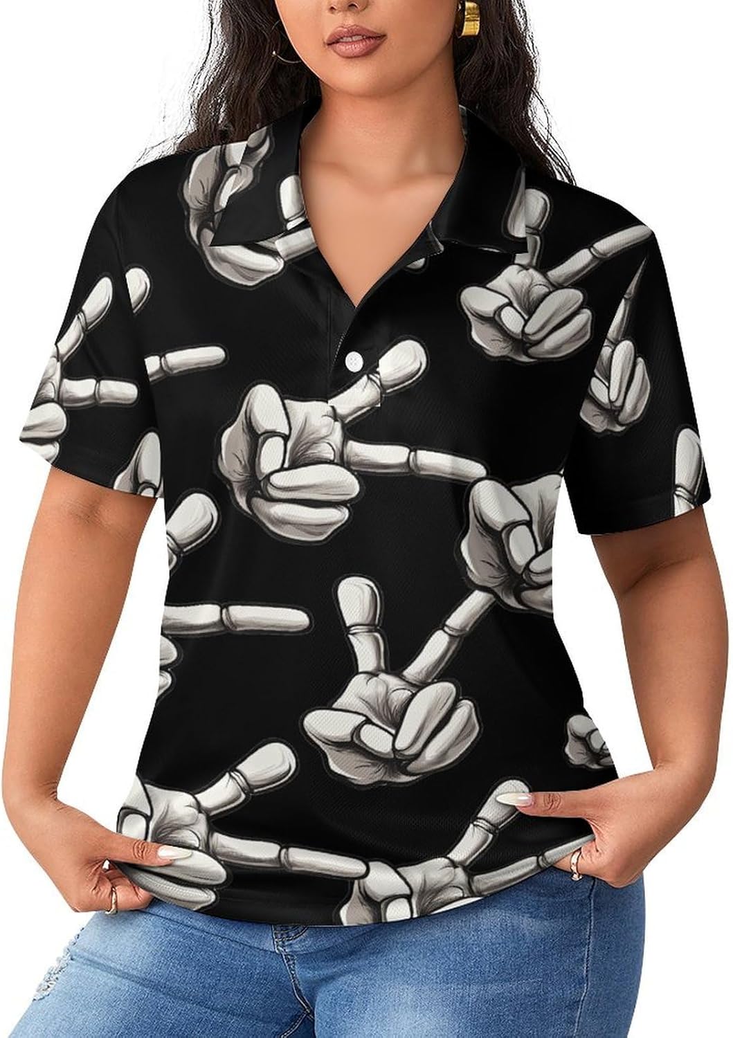 Halloween Skeleton Hand Peace Womens Golf Polo Shirts Summer Short Sleeve Collared 3 Buttons T Shirt Activewear Tops