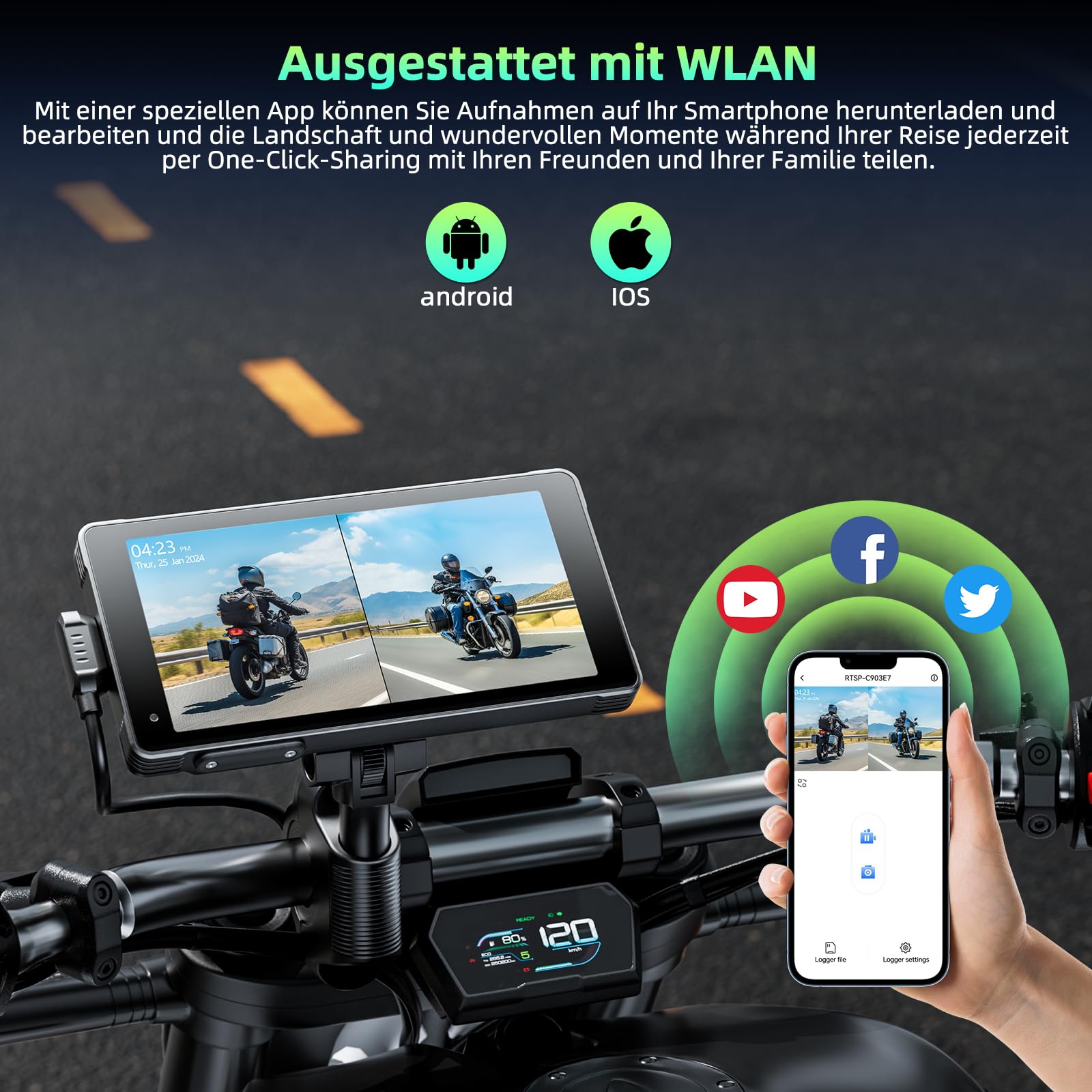Lamto Motorrad Carplay & Android Auto für Motorcycle,Tragbares Carplay Bildschirm mit Dashcam Vorne Hinten 2K+1080P,5,5 Zoll IP67 Wasserdichter Touchscreen für Motorräder,Daueraufnahme/Siri/64G TF