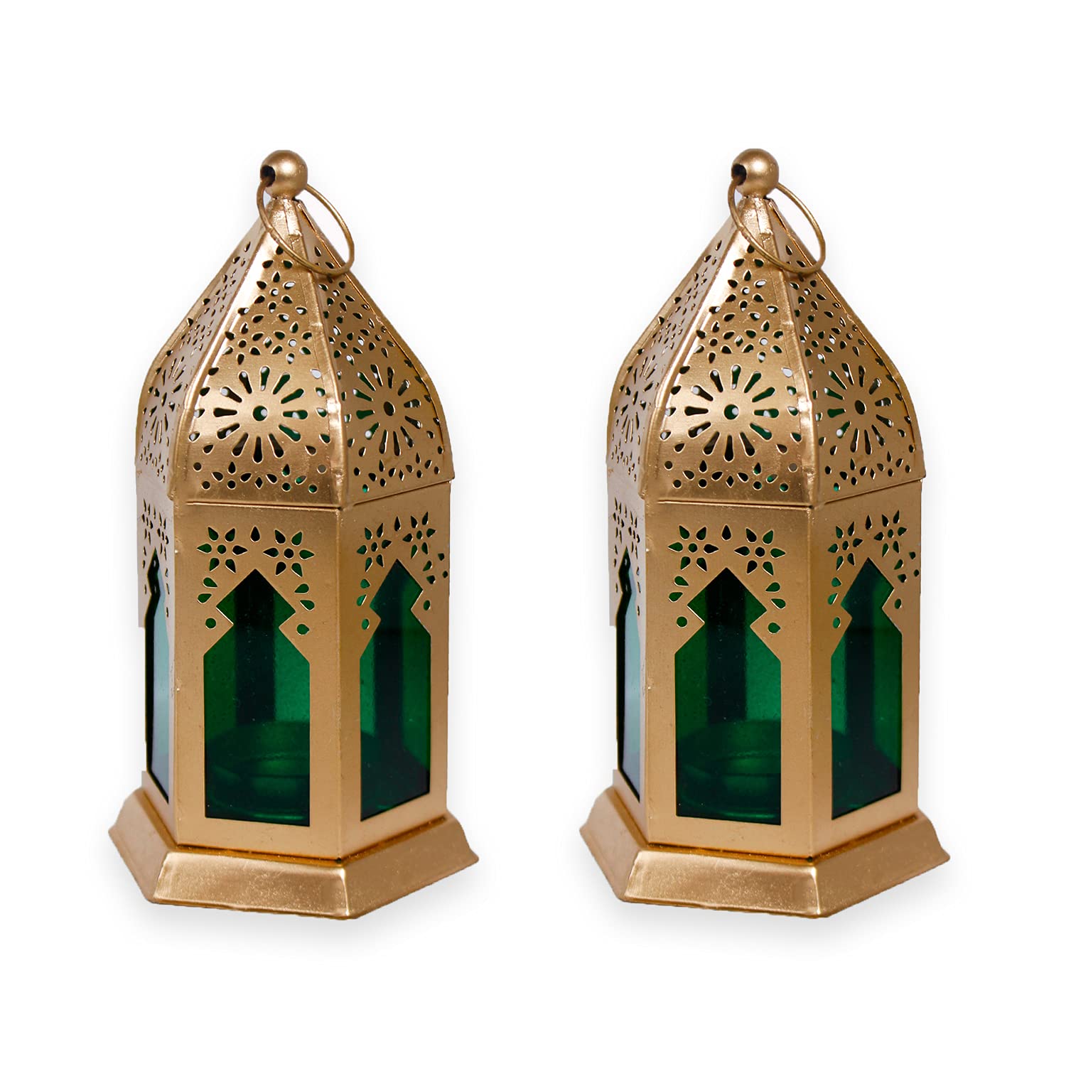 iHandikart Morrocan Iron Lantern Tealight Candle Holder with Green Colour Glass for Home Decor, Size 6x3.5 Inch, Pack of 2, (IHK22101-2)