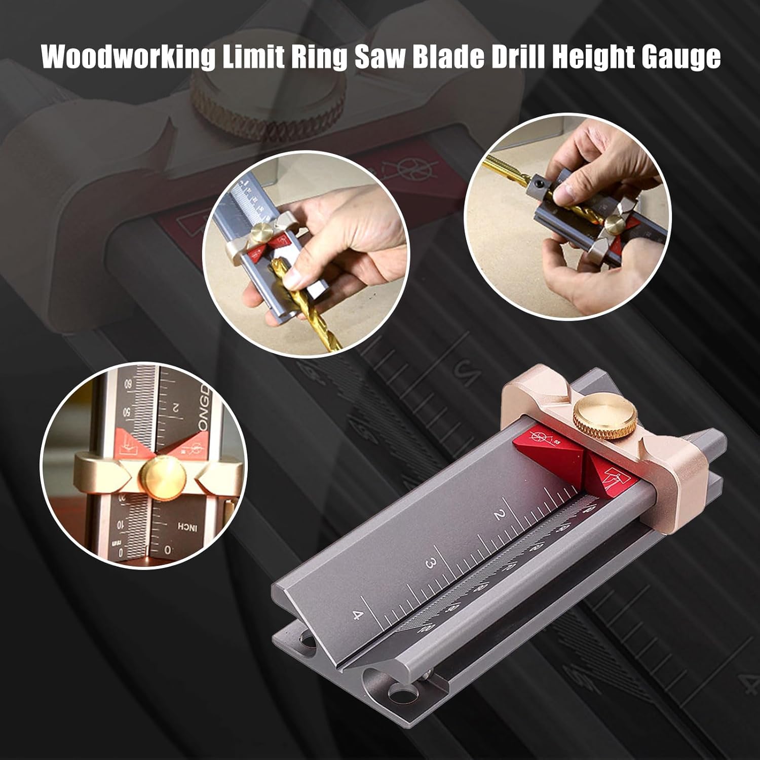 Multifunction Measuring Gauge 3 in 1 Drill Depth Stop Collar Clamping Device Positioner Locator Aluminum Alloy Limited Rings Installation Assist Table Saw Height Gauge Woodworking Tool