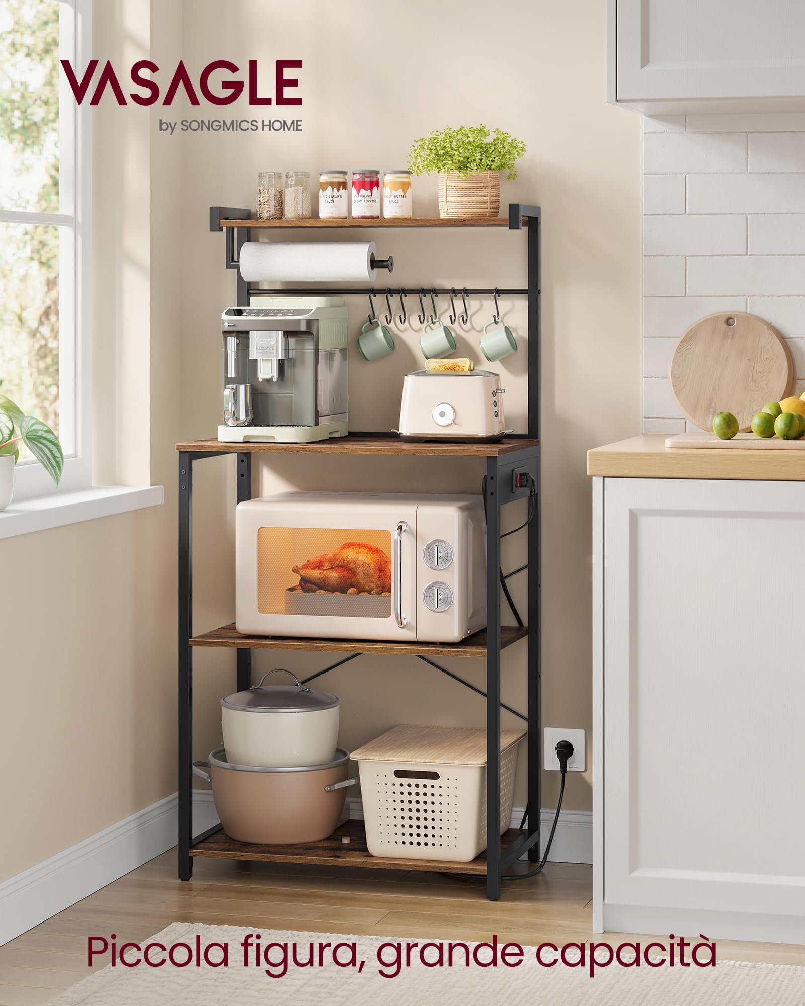VASAGLE Scaffale da Cucina con Presa Elettrica, Bar Caffèa 4 Ripiani con Uno Regolabile, Supporto per Microonde, Porta Carta da Cucina, 40 x 60 x 140 cm, Marrone Vintage e Nero Inchiostro KKS014K02