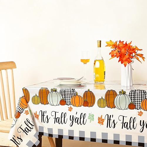 Miniatura 3 de Buryeah 3 manteles de plástico desechables de Acción de Gracias y otoño, mantel de arce a cuadros de calabaza, 51 x 86.6 pulgadas, rectangular, para