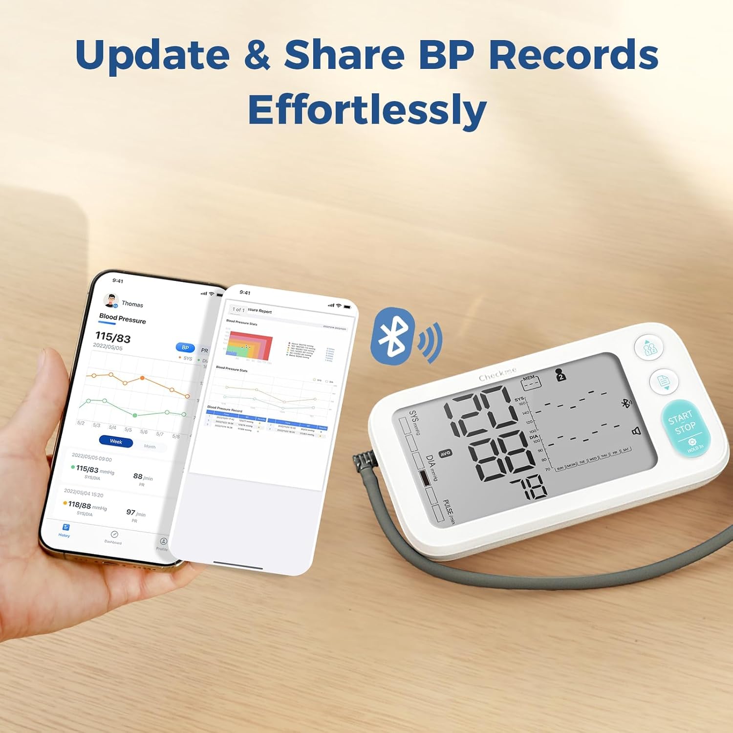 Checkme Blood Pressure Monitor connected to smartphone app via Bluetooth for data sharing