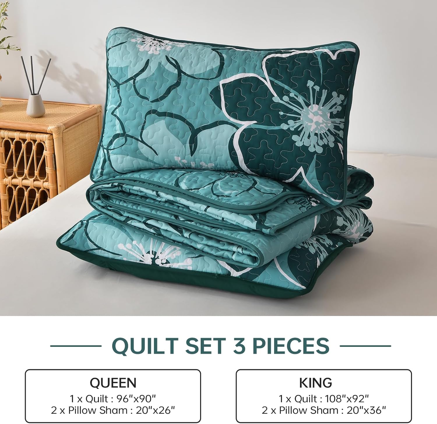 Luxudecor Floral Quilt Set Queen 3 Pieces Dark Green Flower Quilt Coverlet Set with 2 Pillow Cases, Lightweight Soft Microfiber Reversible Boho Bedspread for All Seasons 96"x90"