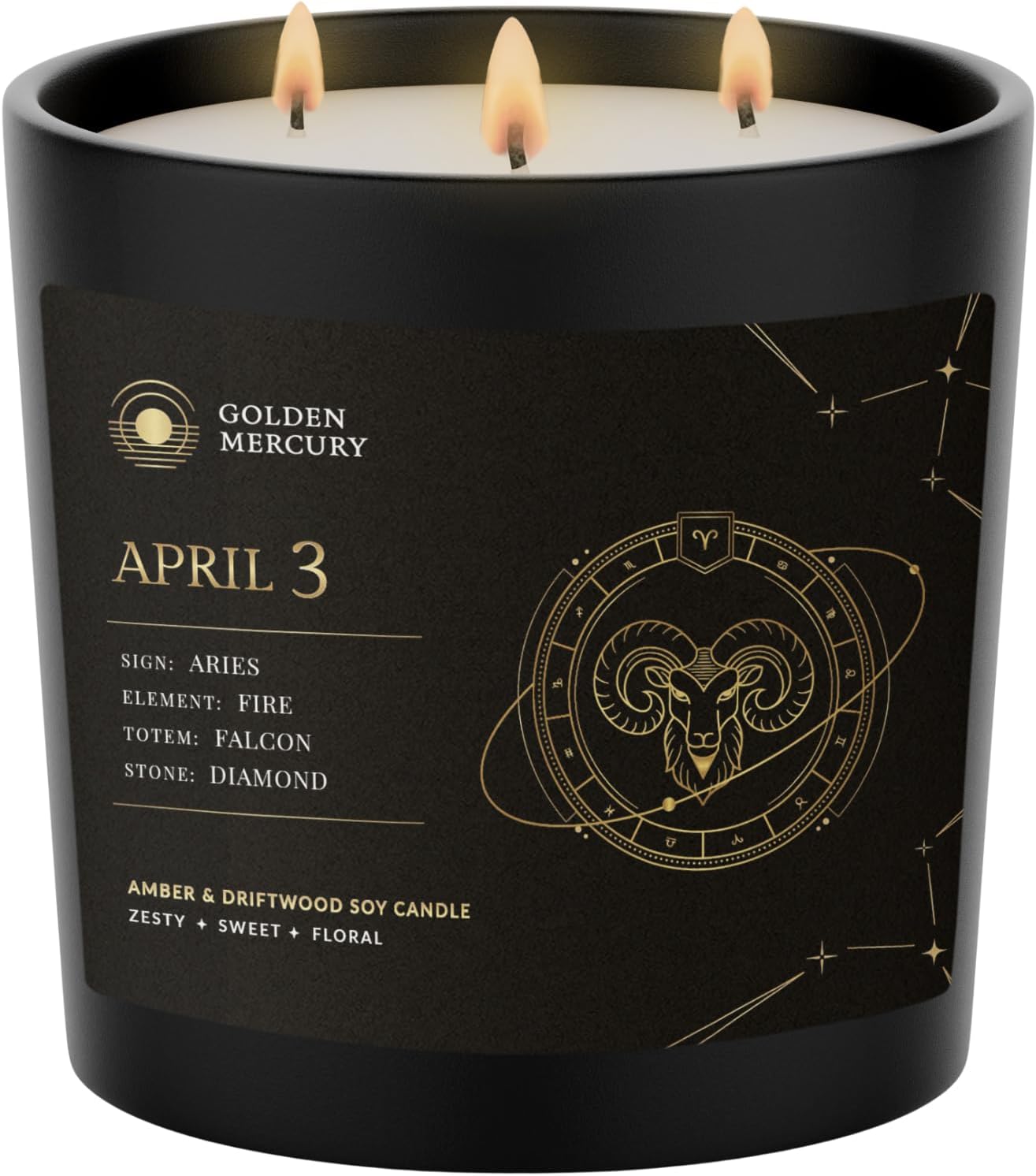 Aries Zodiac Candle by Golden Mercury – April 3rd Personalized Scented Soy Candle with Dates – Unique Astrology Gift for Women, Best Friend, Sister, or Mom – Spiritual Decor and Custom Gift for Her