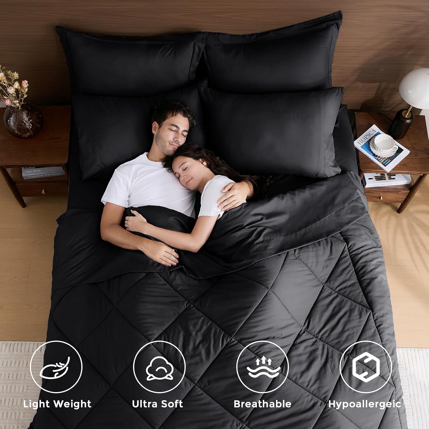 HEVUMYI Black Full Comforter Set - 7-Piece All Season Bed in a Bag Full, Ultra Soft Bedding Set with Comforter, Flat Sheet, Fitted Sheet, Pillowcases, Pillow Shams, Black - Image 2