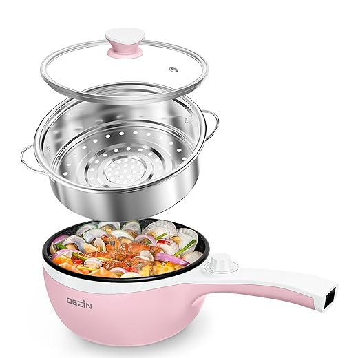 Dezin Hot Pot Electric with Steamer Upgraded, Non-Stick Sauté Pan, Rapid Noodles Electric Pot, 1.5L Mini Pot for Steak, Egg, Fried Rice, Ramen, Oatmeal, Soup with Power Adjustment