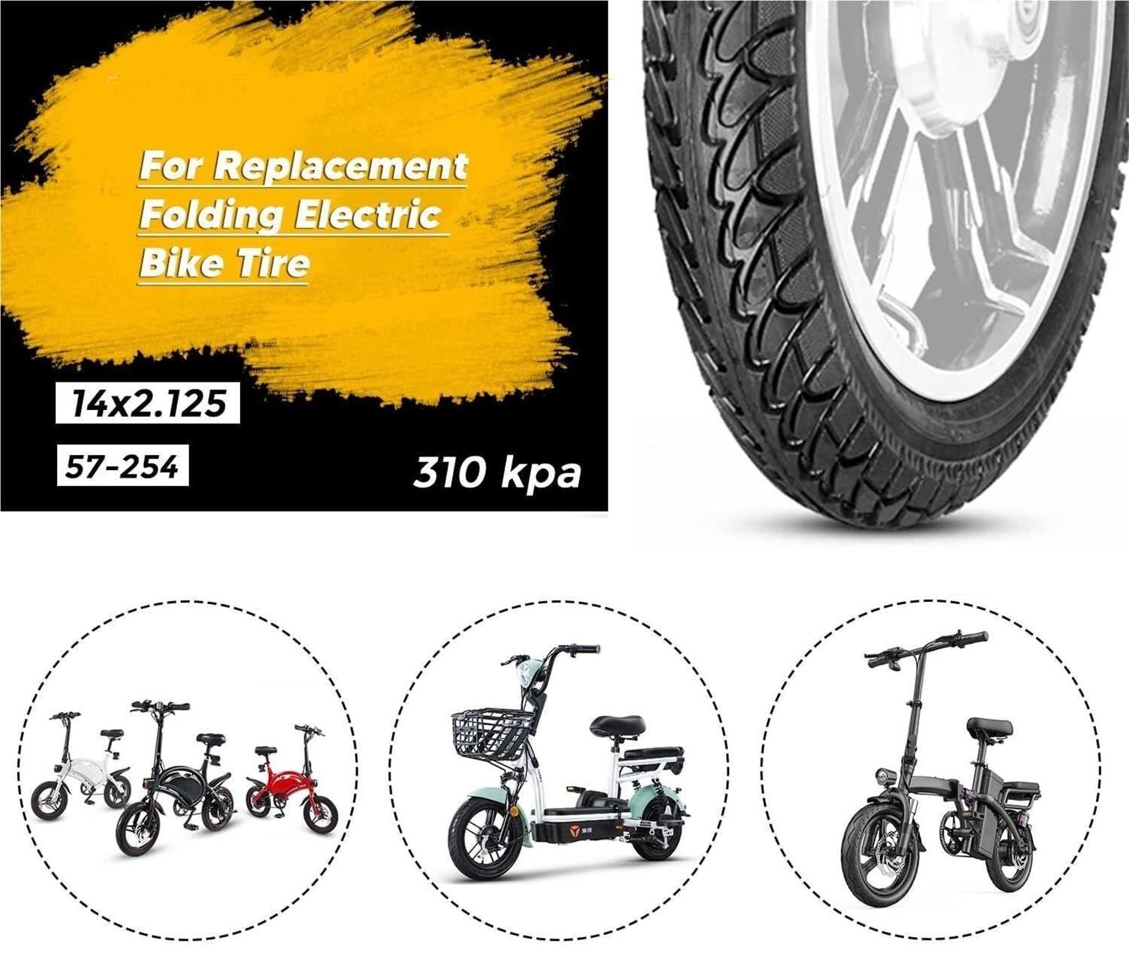14x2.125 Opony do Rowerów Elektrycznych do Dętki | 14x2.125/57-254 Gumowa Opona Antyprzebiciowa z Wygiętym Wentylem do Roweru Elektrycznego