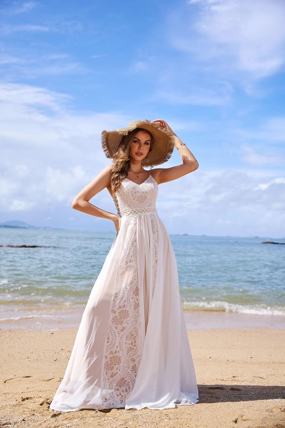 Spaghetti Chiffon Beach Wedding Dress V Neck A line Bridal Gowns Lace Plus Size Wedding Dress