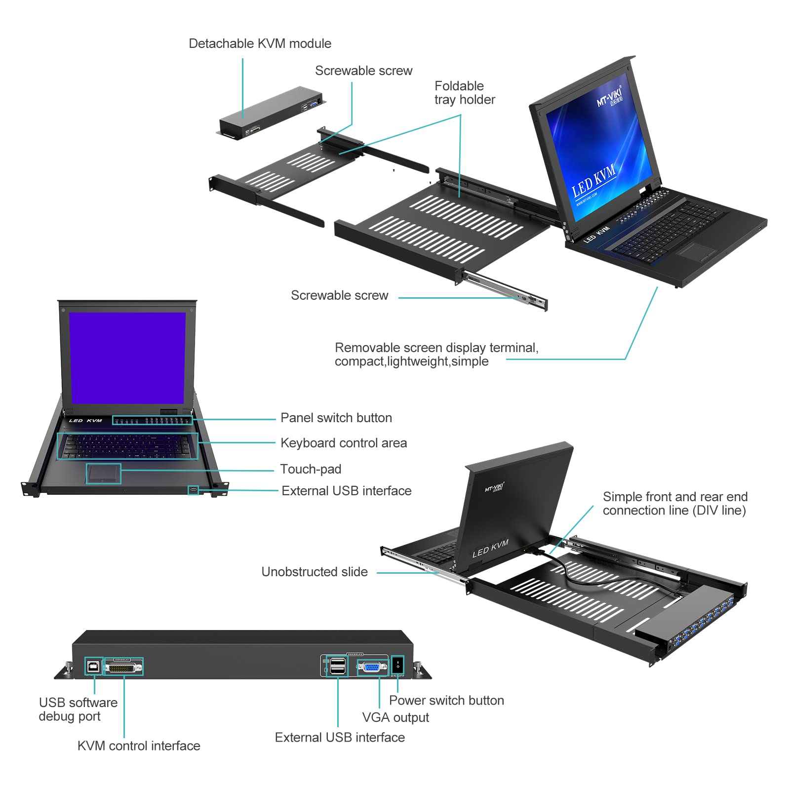 MT-VIKI Rack KVM Switch w/17'' LCD Monitor, 16 Port VGA KVM Switch with Keyboard Touchpad Monitor, Fit for 1U 19'' Rack, OSD/Hotkey/Button ?with 16 VGA KVM Cable?