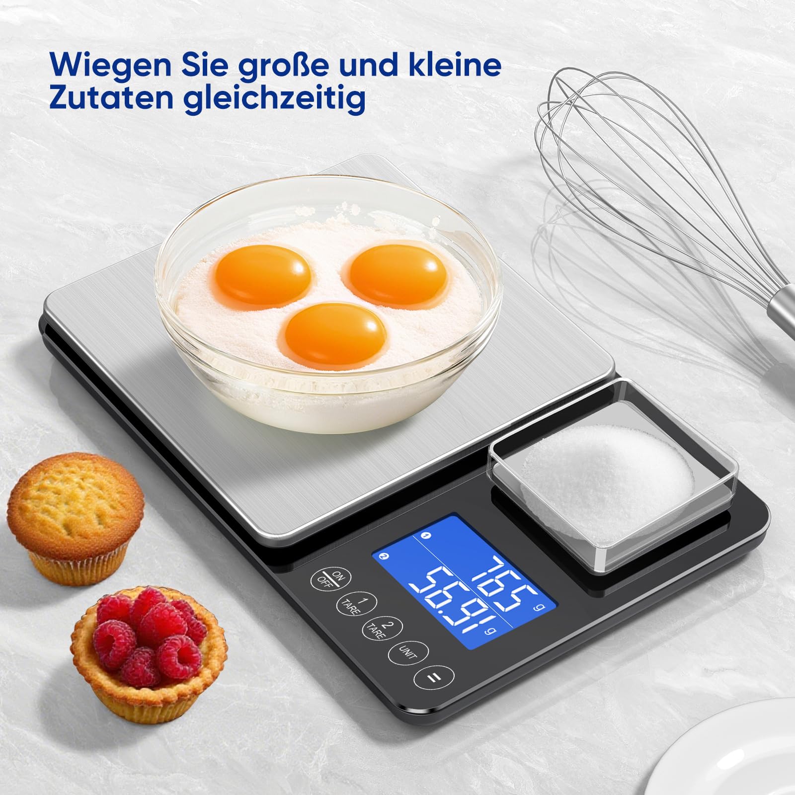 KUAIVO Küchenwaage Digital 15 kg / 0,01 g, Hochpräzise Zweibereichs Waage Küche mit Addierfunktion, Tara-Funktion, 7 Maßeinheiten, Küchenwaage zum Kochen und Brotbacken, inkl. Batterien
