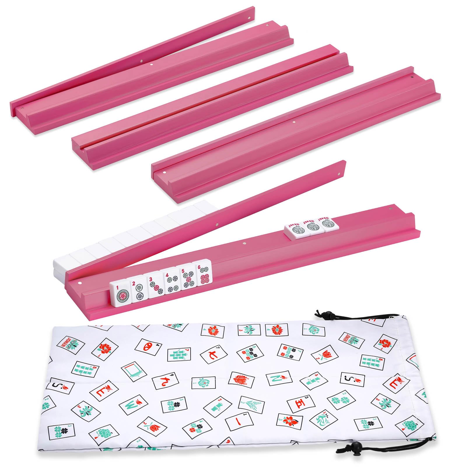Photo 1 of LUMIVIA 50cm Mahjong Racks with Pushers, Wooden American Mahjong Tile Pushers & Racks Set of 4, with White Printed Mahjong Racks Drawstring Bag, Mahjong Accessories