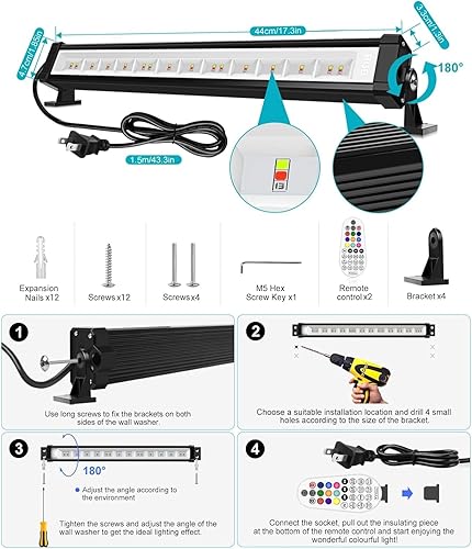 Miniatura 8 de MEIKEE Luz de arandela de pared RGBW de 42 W, 3350 lm, barra de luz de lavado impermeable IP66 con control remoto, tira de inundación de lavado que
