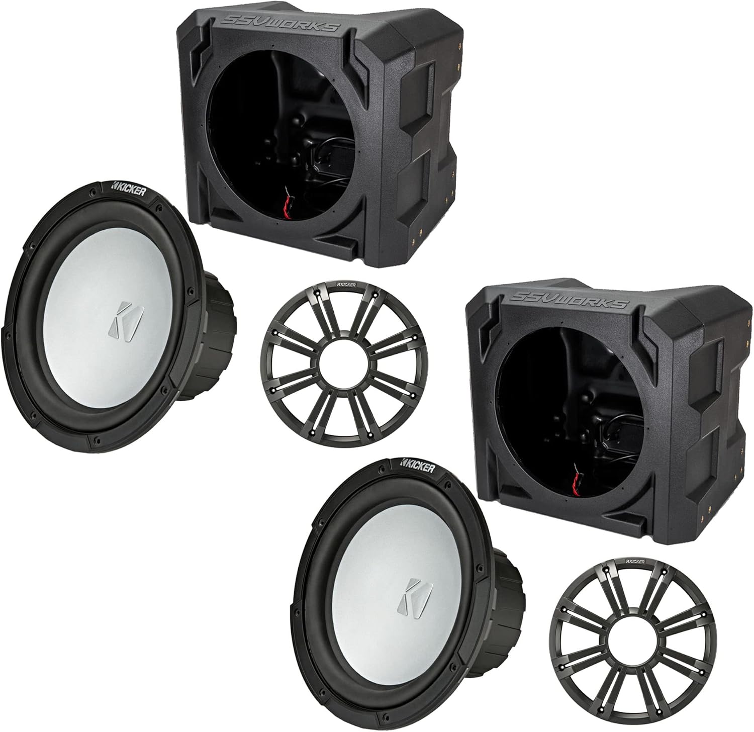 KICKER Two 45KM104 10" Marine Subwoofers 4-Ohm Charcoal LED Grill with SSV Universal Marine Sub Box Enclosures