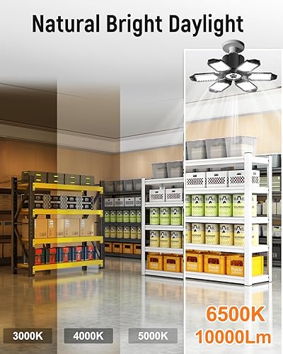 Miniatura 6 de Adiding Luz LED de techo para garaje, paquete de 4 unidades, ajustable, 40000 lm, luz de garaje LED, 6 paneles deformables, luces de sótano de 6500