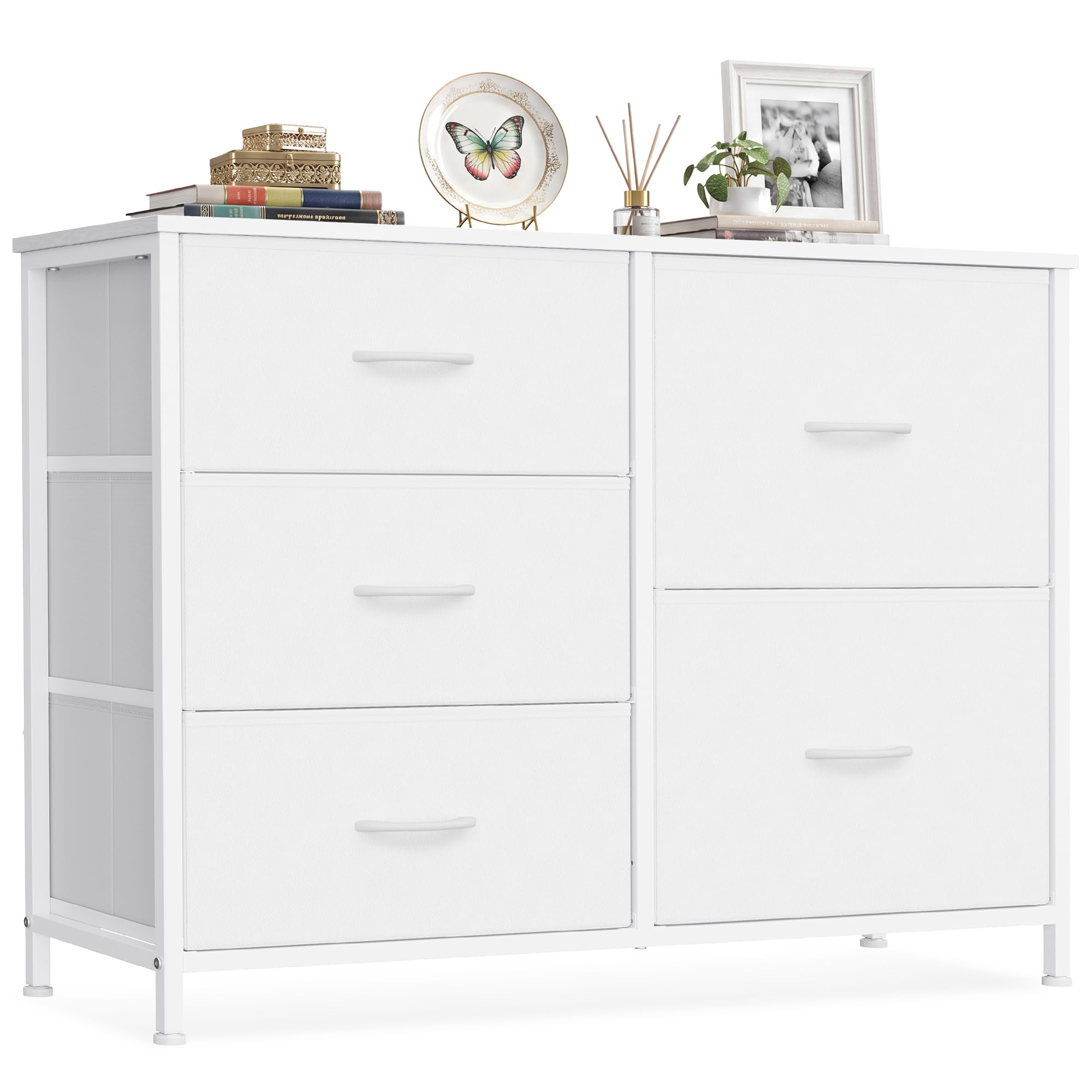 SONGMICS Cassettiera con 5 Cassetti in Tessuto, Struttura in Acciaio, Mobiletto Portaoggetti, 98,7 x 30 x 74,7 cm, per Camera da Letto, Soggiorno, Bianco Nuvola, Collezione Bellah LGS235W101