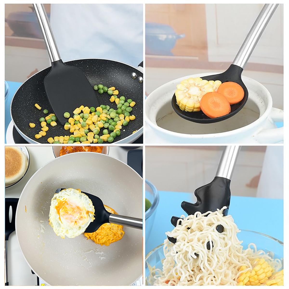 Juego de espátulas de silicona de 5 piezas, resistentes al calor, largas, grandes para utensilios de cocina antiadherentes, uso en cocina, color negro 3