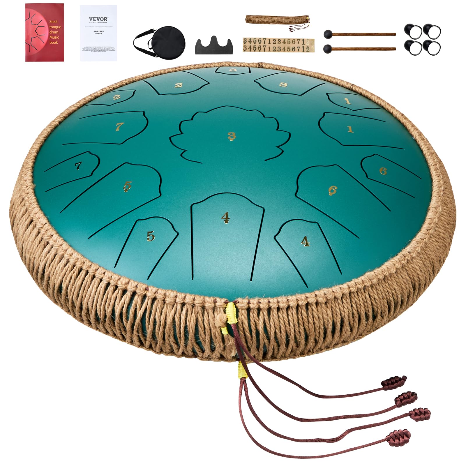 VEVOR Tamburo con Lingua in Acciaio, 356 mm 15 Toni, Tamburo da Pioggia da Giardino per Esterni, Chiave di Do Maggiore, Tamburo da Serbatoio, 2 Bacchette e Borsa per Trasporto, Tamburo Handpan, Verde