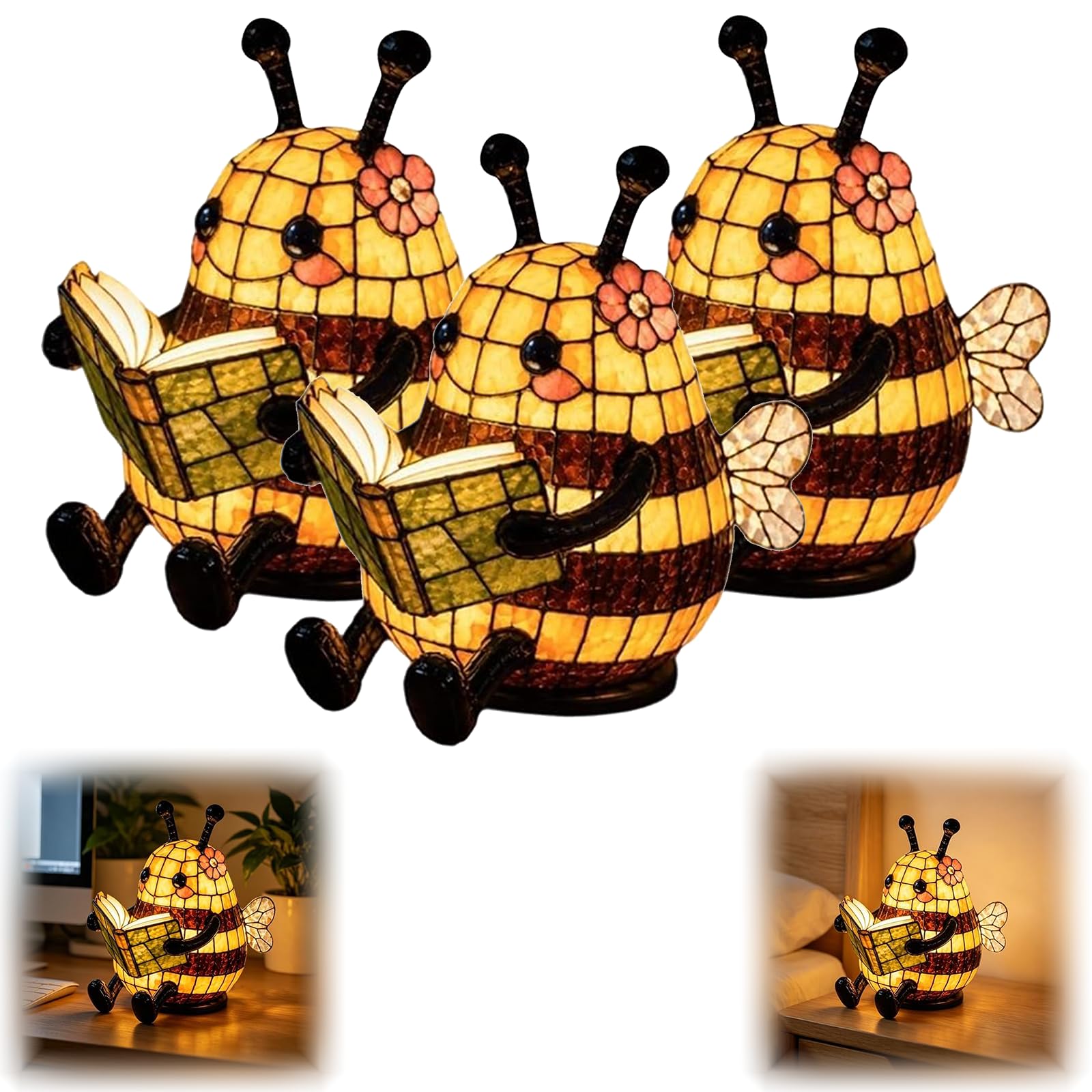 Bee Reading Book Lamp,Bienen-Nachtlicht, 2026 Bienen Leselampe Niedliche 3D Tier Nachtlampe für Leser Und Buchliebhaber (3 STK)