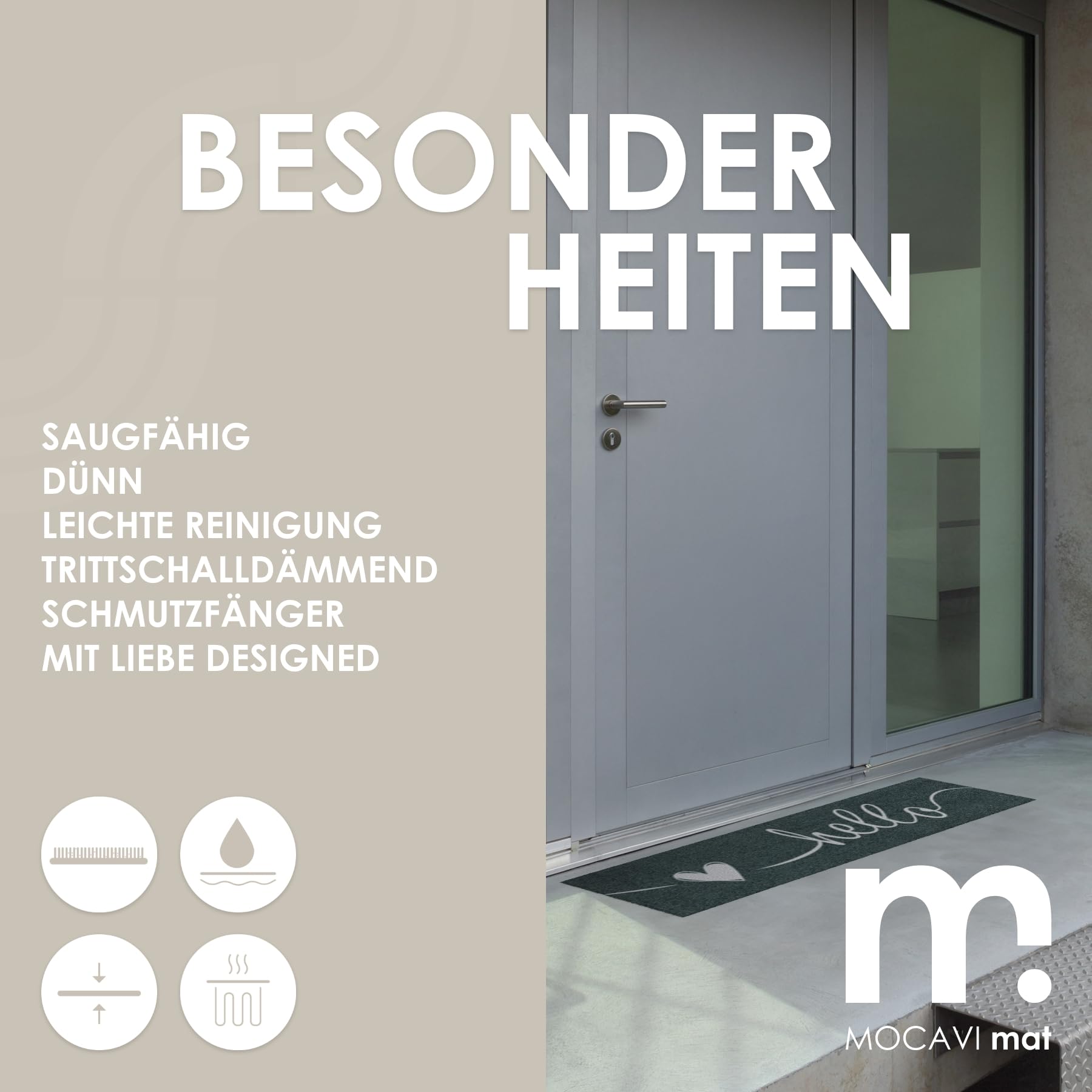 MOCAVI Mat Fußmatte Schuhparkplatz 30x100 cm waschbar Hello Herz Schuh-Teppich lang, schmal, Schuhe ausziehen, Deko sbereich innen, außen, Matte, Haustür, Stiefelmatte