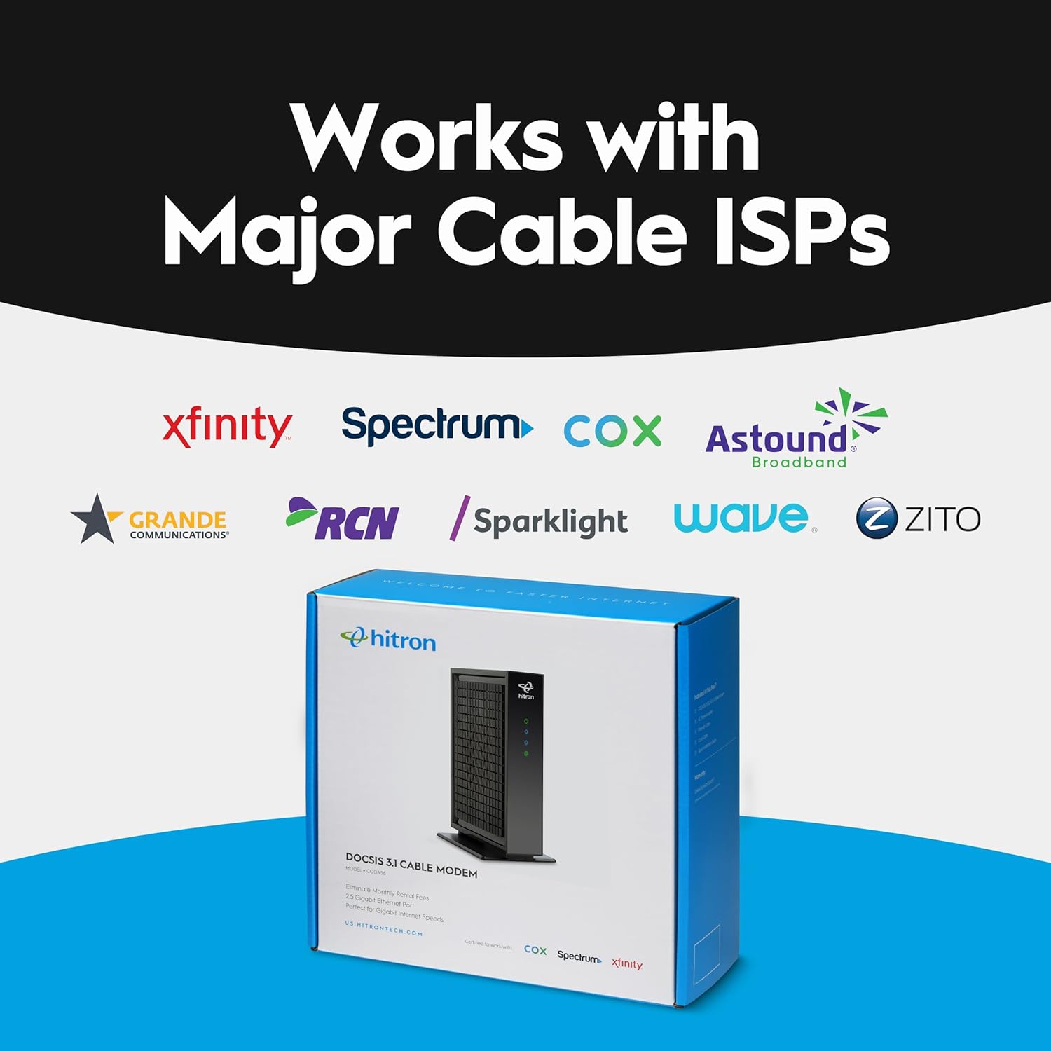Logos of major cable internet service providers compatible with the Hitron CODA56 modem.