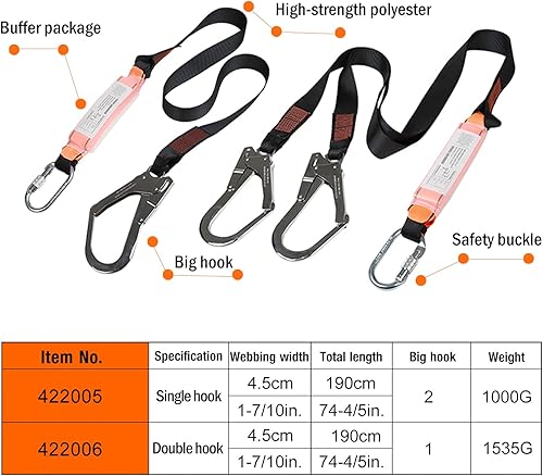 Miniatura 5 de KSEIBI 422005 - Gancho de presión de una sola pierna y gancho de andamio con cordón interno de 6 pies, equipo de protección contra caídas para arnés