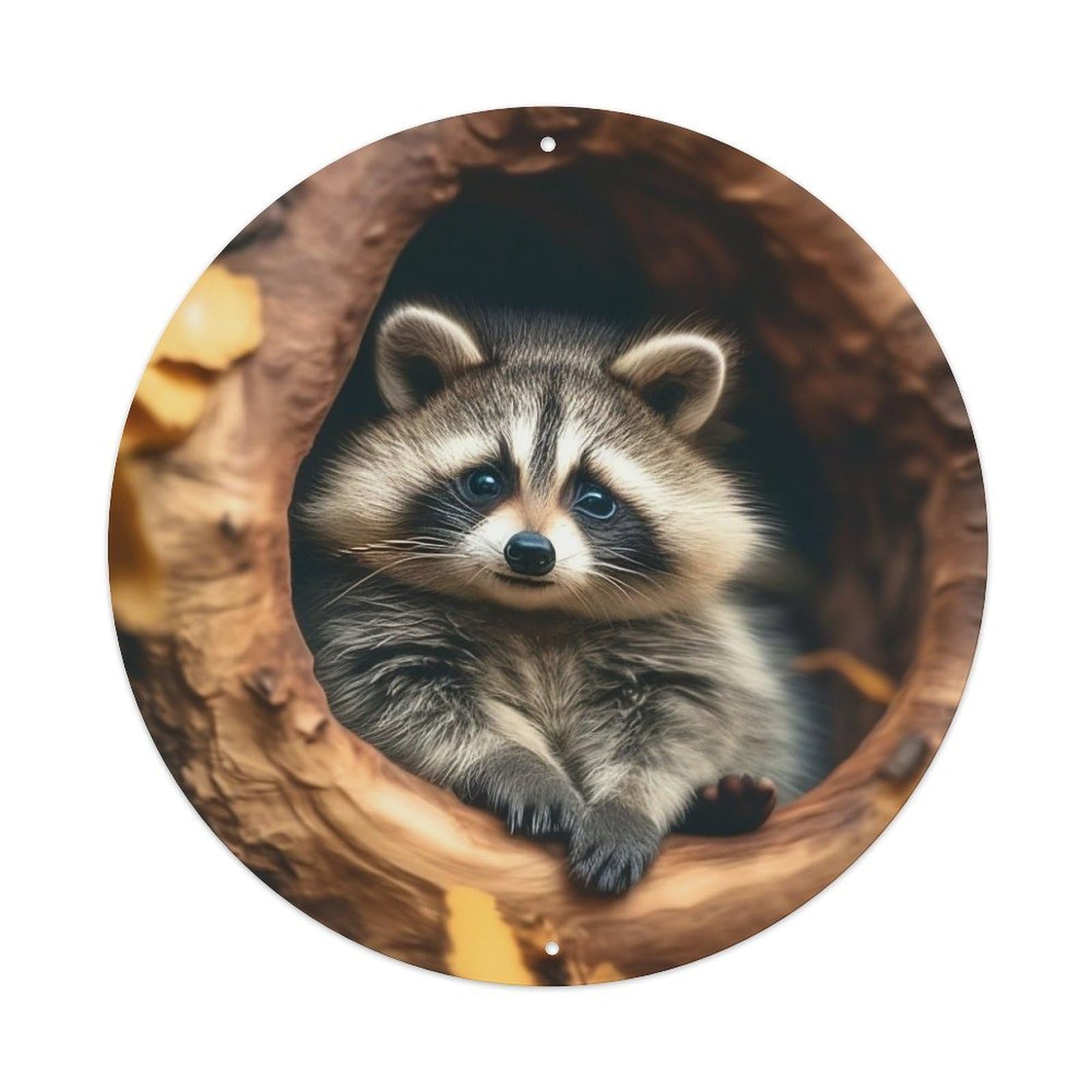 Animal Baby Raccoon in Tree Hole Autumn Wildlife Vintage Metal Tin Sign Plaque Wall Decor for Cafe, Club Bar, Office, Garden Metal Poster 8x8Inch