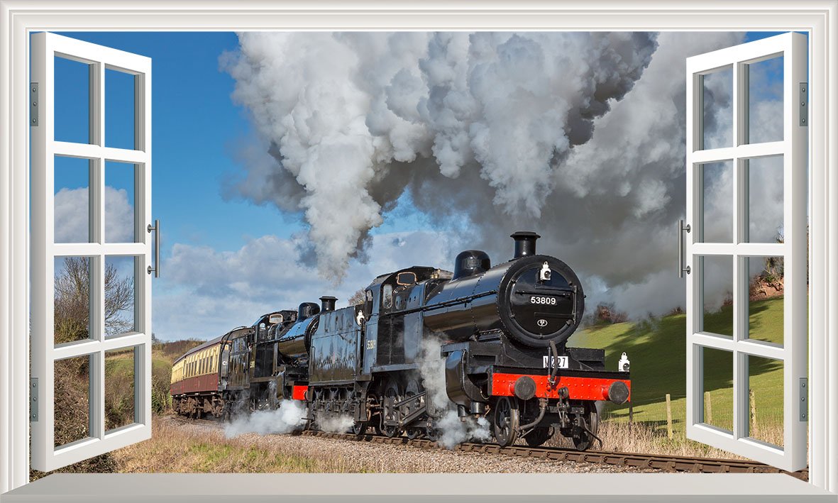 Chicbanners Black Or Gray Steam Train 3D V001 Magic Window Wall Sticker Self Adhesive Poster Wall Art Size 1000Mm Wide X 600Mm Deep (Large)