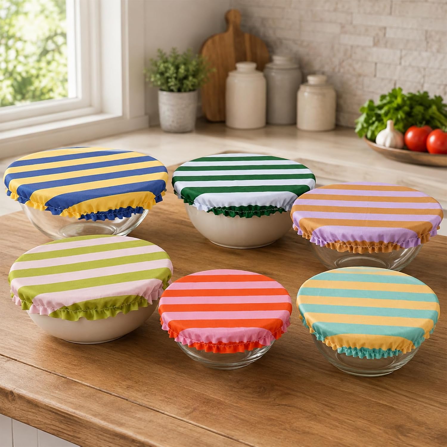 FYSUIMU 6Pcs Striped Ruffled Bowl Cover, Multi Color Block, Stretch