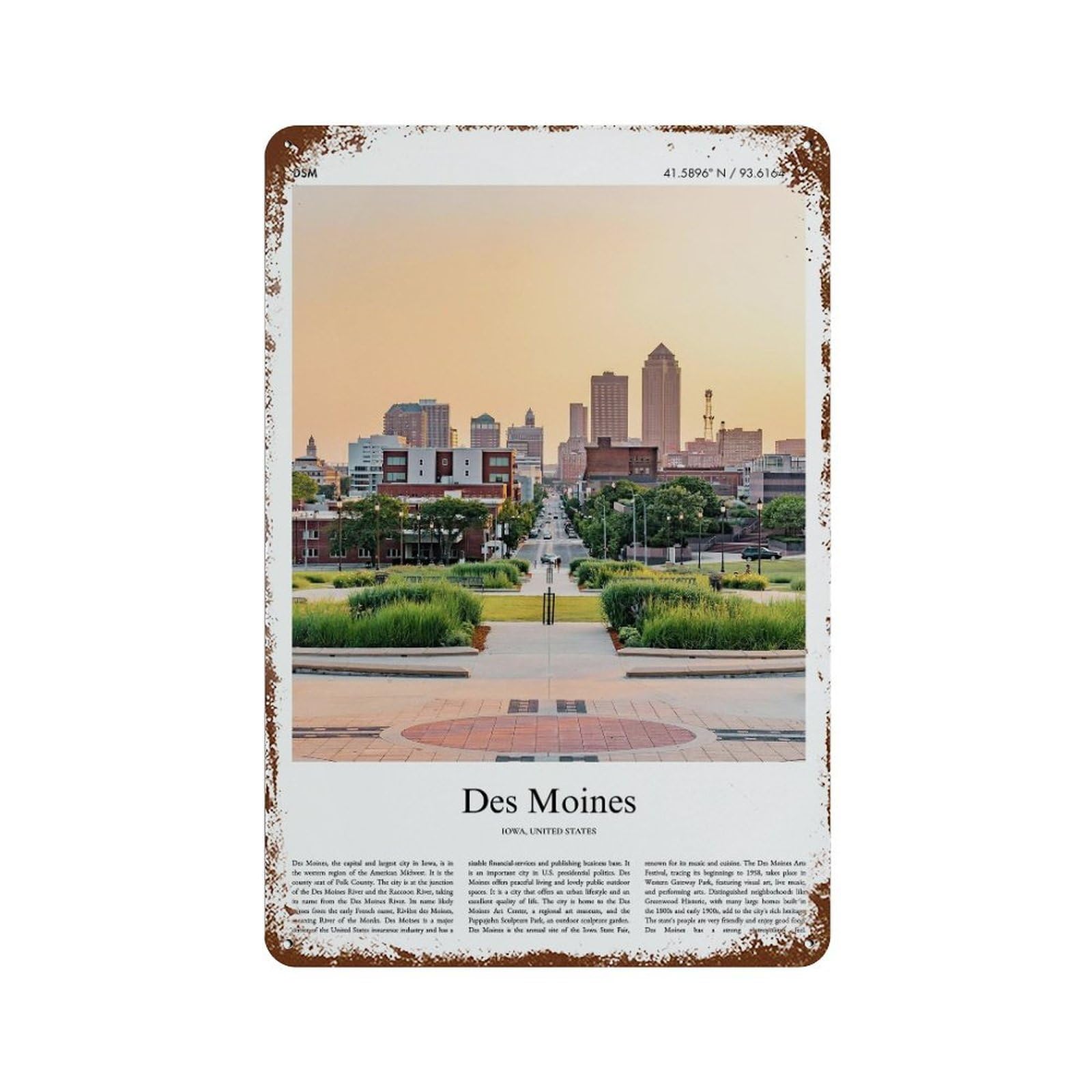 xiaoxiaoshen Des Moines Iowa, United States, USA City Scenery Wall Decor Art Metal Tin Poster Modern Home Decor Art Home Bar Shop Decorations Vintage Sign 30x20cm