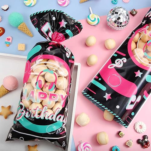 Miniatura 4 de 100 bolsas de celofán para fiestas musicales, color negro, rosa, azul, feliz cumpleaños, bolsas de plástico para dulces, bolsas de regalo con 100